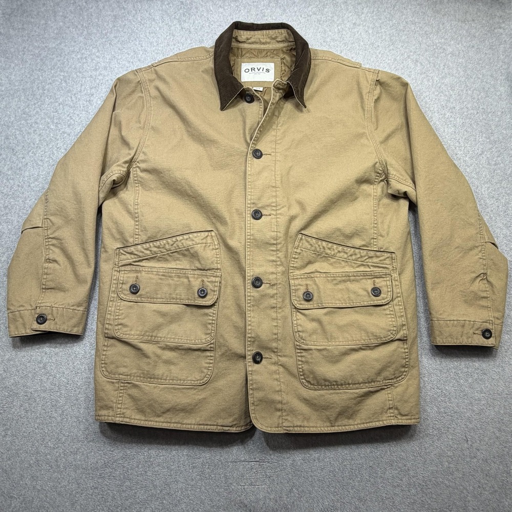 Orvis Barn Coat Mens XL Beige Canvas Quilted Lined Field Jacket Pockets Corduroy